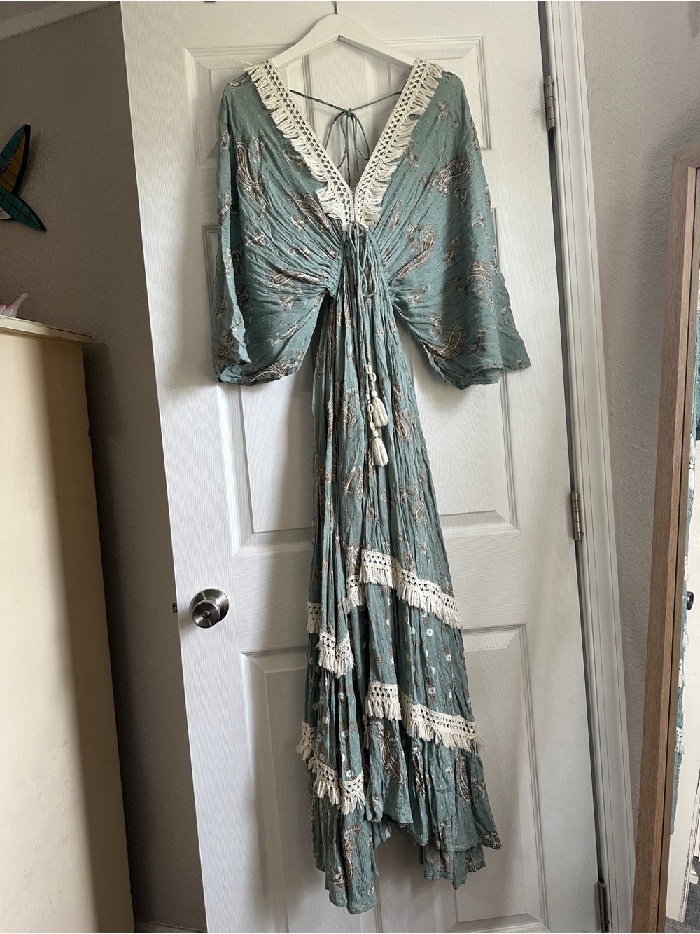 Bohemian Mint Maxi Dress with Fringe Trim and Tassel Tie